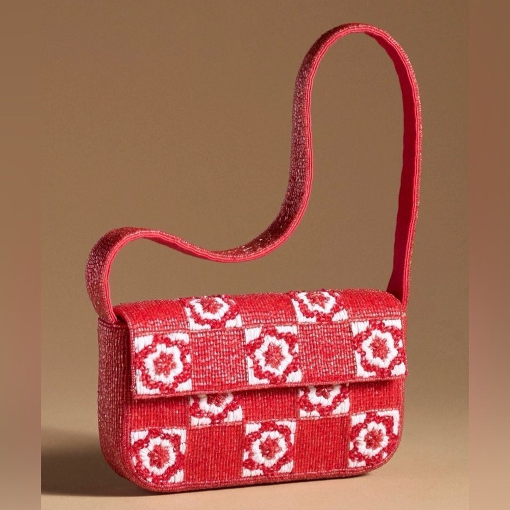 New Anthropologie The Fiona Beaded Bag: Floral Edition Red Brown